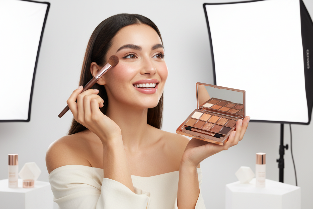 bild einer fröhlichen frau mit makeup produkt, dass aussieht wie eines dieser seite